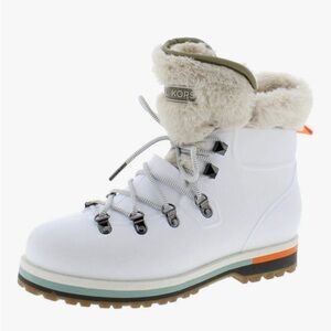 Michael Kors Lanis Rubber Lace Up Fur-Lined Winter Boots White Cream, Size 8